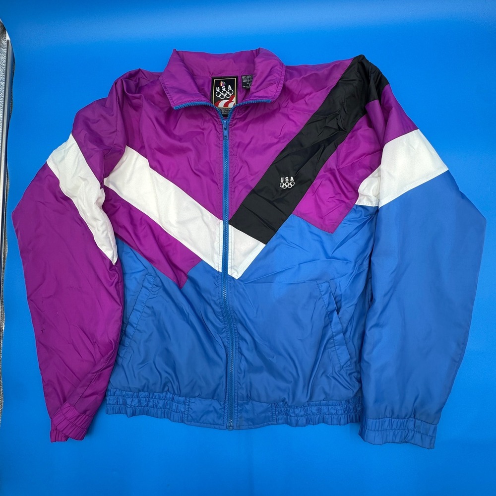Vintage USA Olympic Windbreaker Jacket Mens Small Magenta Blue JCPenney 90s